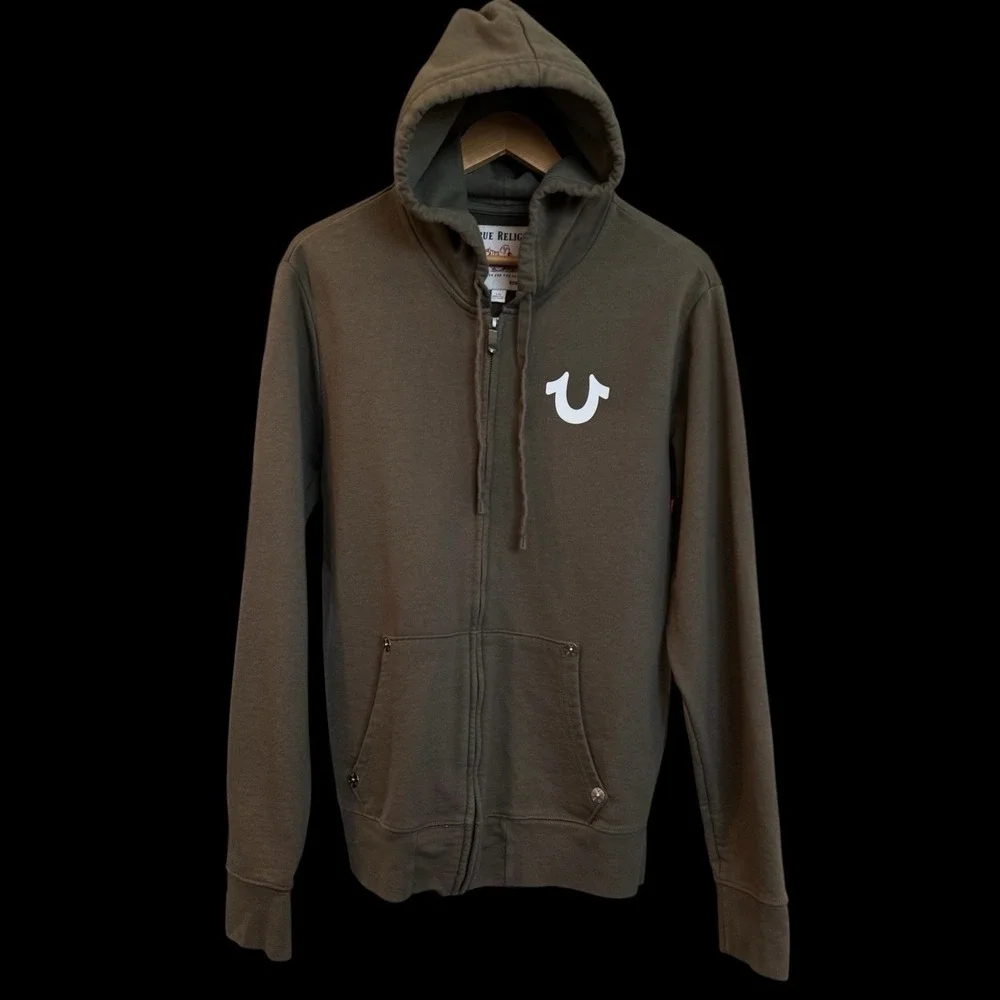 True Religion Men's  Green Buddha Logo Full Zip-Up Hoodie‎ Sweatshirt Large #072